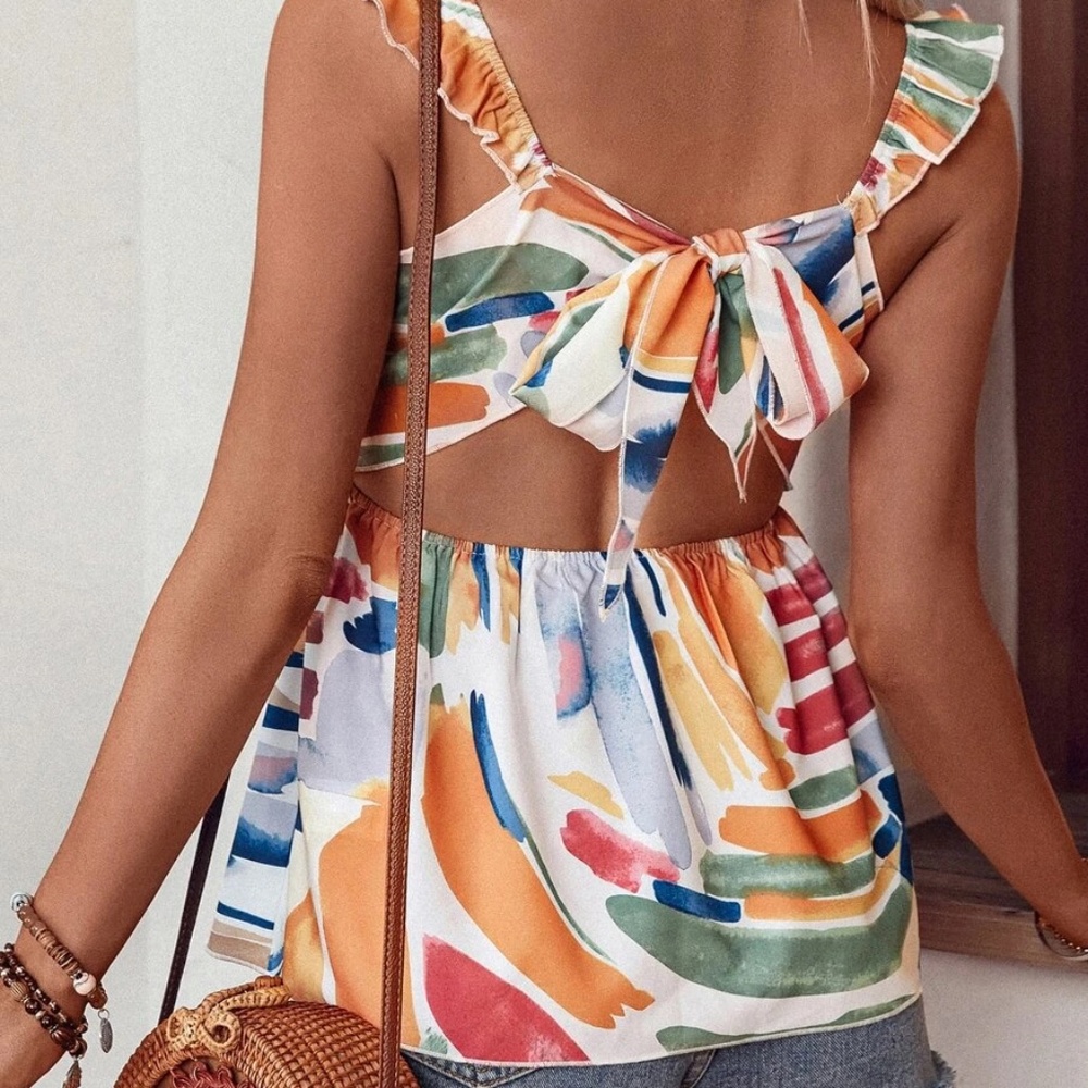 Boho Brush Print Smocked Ruffle Sleeve Tank top - Picture 5 of 8